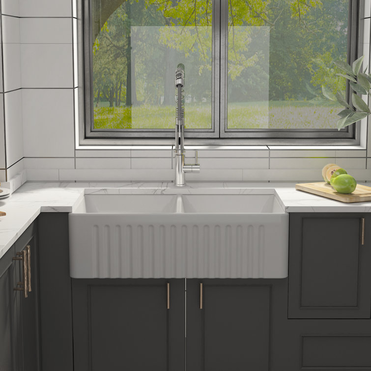 Eclipse 33" White Ceramic Double Basin Farmhouse Sink