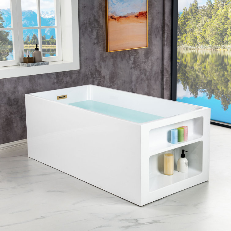 59'' White Acrylic Freestanding Rectangular Soaking Bathtub