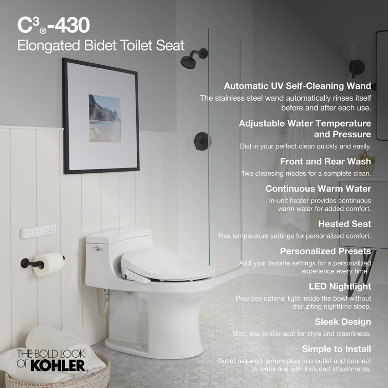 Sleek White Modern Elongated Bidet Toilet Seat with LED Nightlight