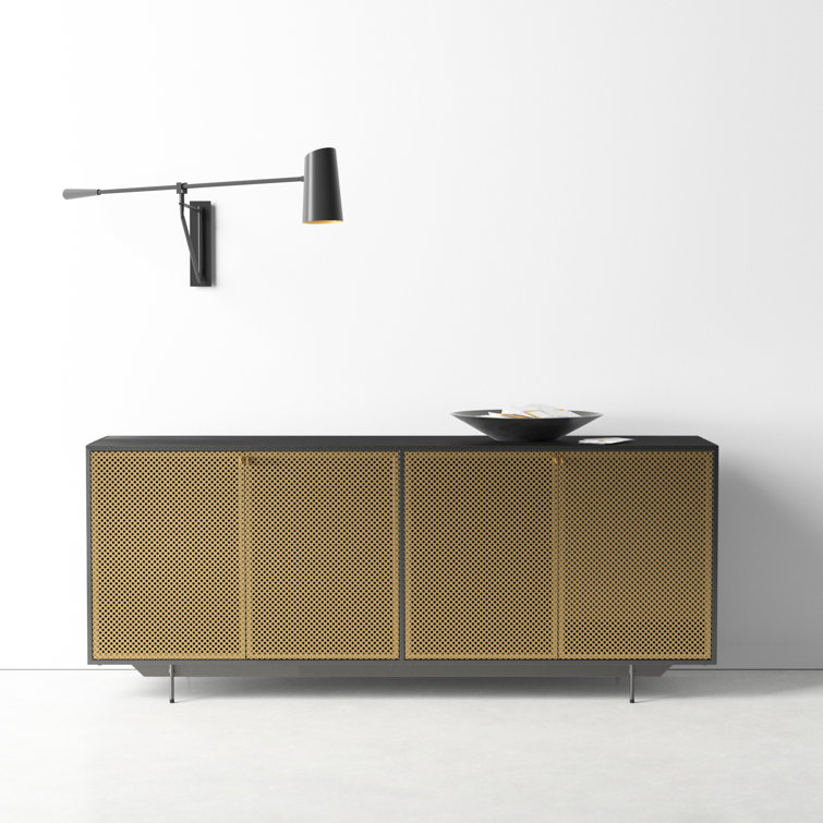 Modern Gold & Gray Iron Sideboard with Perforated Brass Detailing