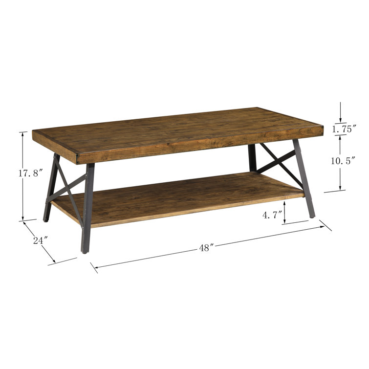 Chandler Pine Brown Solid Wood & Steel Coffee Table with Shelf