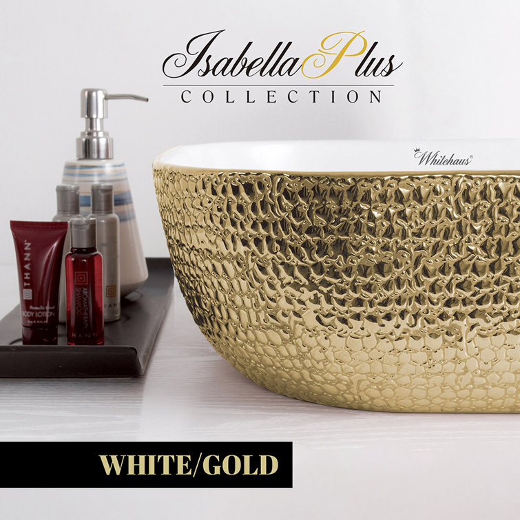 Gold and White Ceramic Rectangular Bathroom Vessel Sink