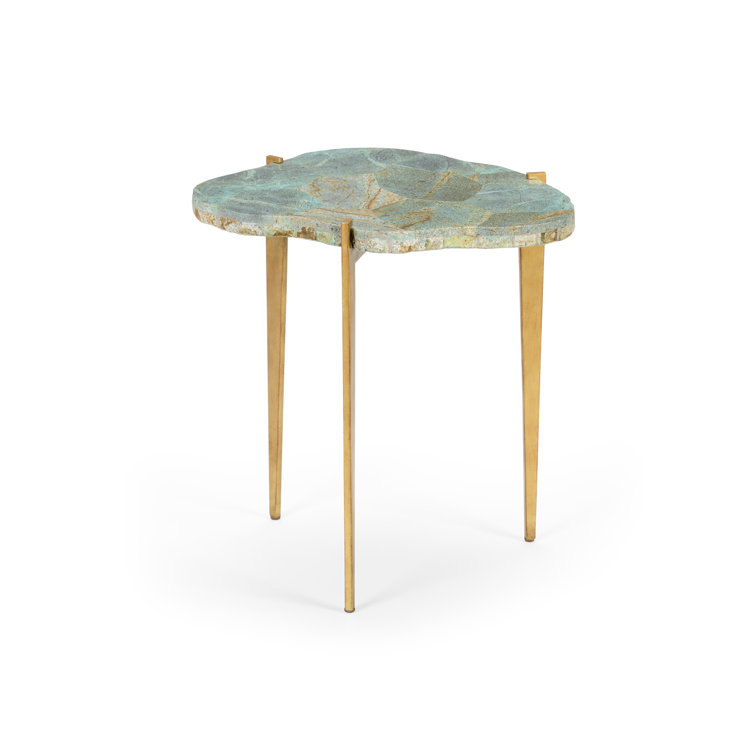 Natural Green Malachite Veneer End Table with Gold Iron Legs