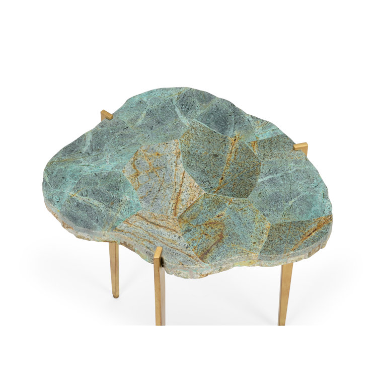 Natural Green Malachite Veneer End Table with Gold Iron Legs