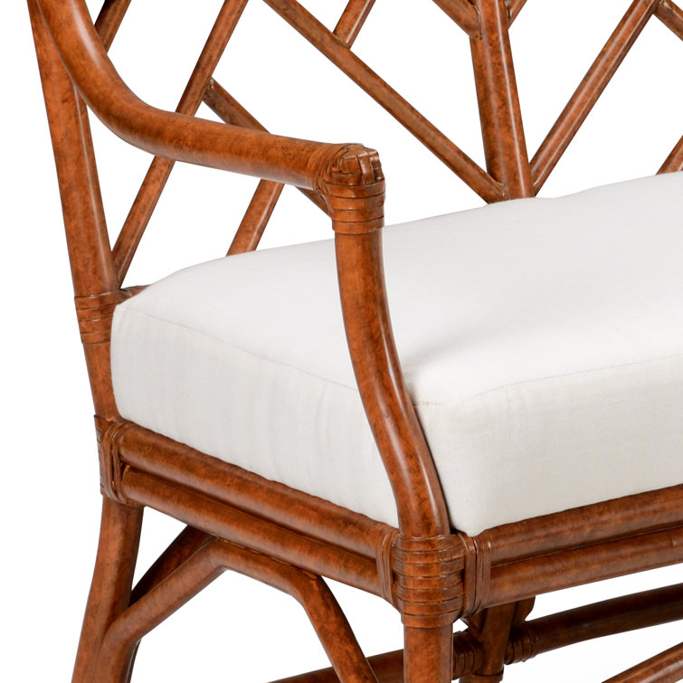 Natural Brown and White Curved Rattan Bench with Upholstered Seat