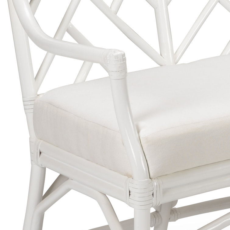 White Lacquer Curved Rattan Upholstered Bench with Muslin Seat