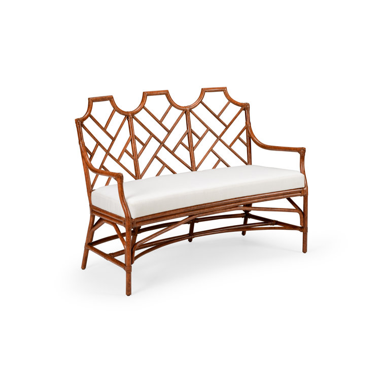 Natural Brown and White Curved Rattan Bench with Upholstered Seat