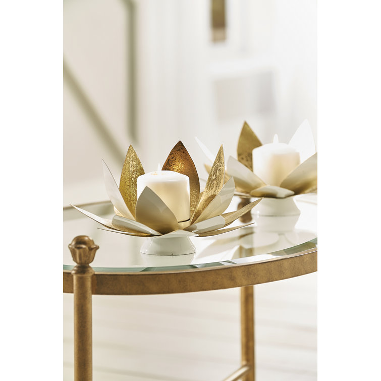 White and Gold Lotus Steel Candle Holders, Set of 2