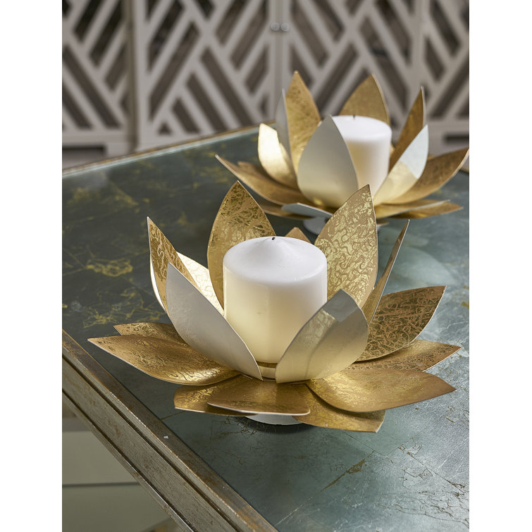 White and Gold Lotus Steel Candle Holders, Set of 2