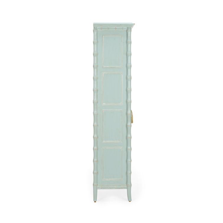 Yarmouth Blue and Whitewashed Bamboo Linen Cabinet with Glass Doors