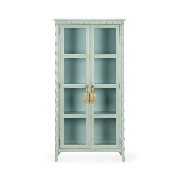 Yarmouth Blue and Whitewashed Bamboo Linen Cabinet with Glass Doors