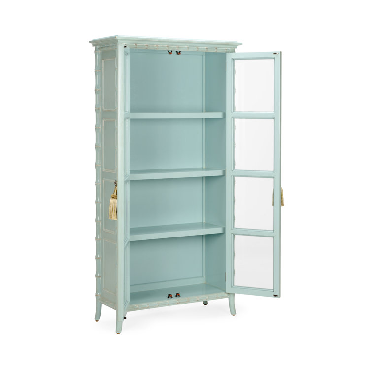 Yarmouth Blue and Whitewashed Bamboo Linen Cabinet with Glass Doors