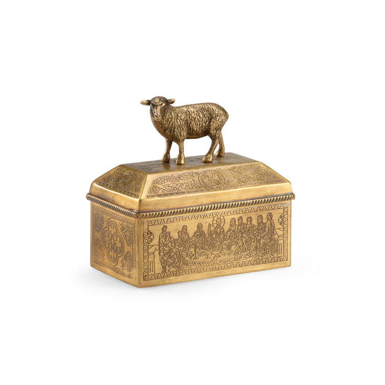 Antique Brass Decorative Box with Lamb Carving