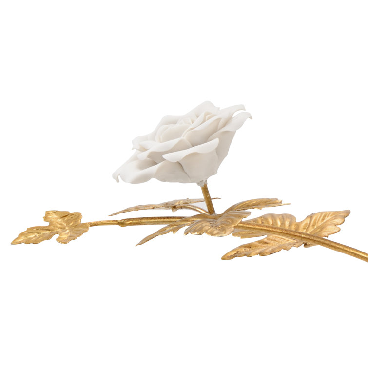Elegant Rose Stem Porcelain and Iron Decorative Figurine in White and Antique Gold
