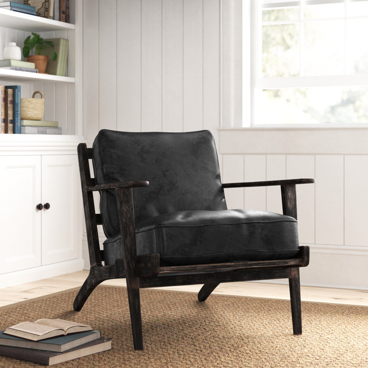 Luxurious Oakwood Square-Armed Black Leather Armchair