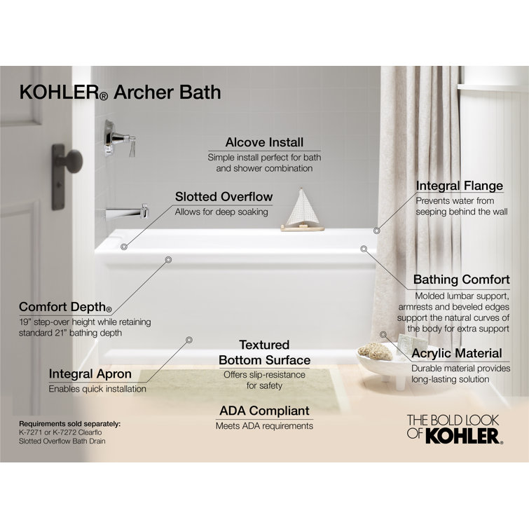 Archer 66" White Acrylic Alcove Soaking Tub with Right-Hand Drain