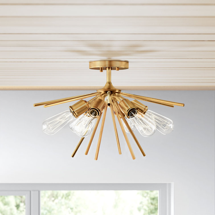 Natural Brass 6-Light Sputnik Semi Flush Mount Fixture