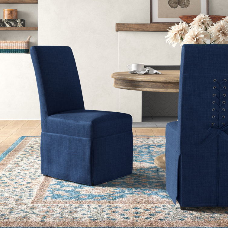 Blue Chenille Upholstered Parsons Side Chair with Solid Wood Legs