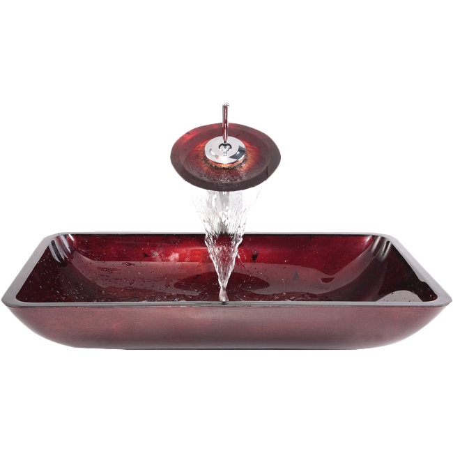 Fire Blue Glass Rectangular Vessel Sink with Chrome Faucet