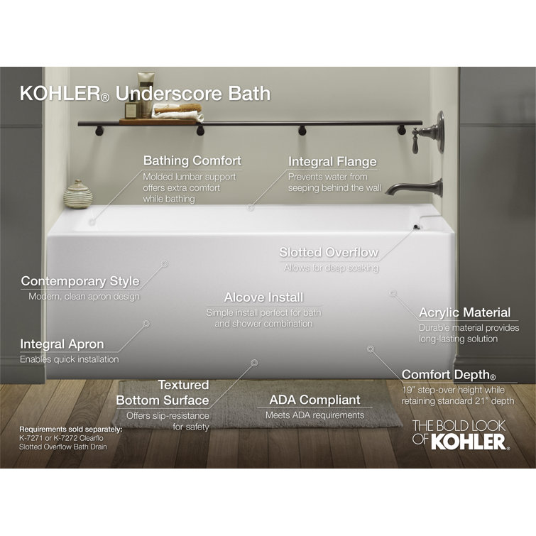 White Acrylic 60" Alcove Bath with Right-Hand Drain