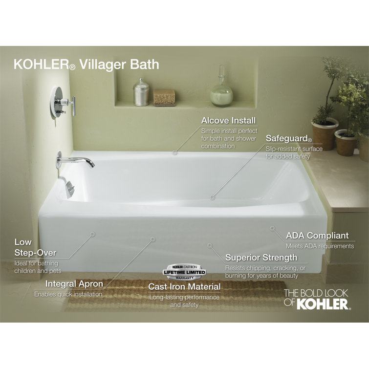 White Cast Iron Alcove Bathtub with Left Drain, 60" x 30-1/4"