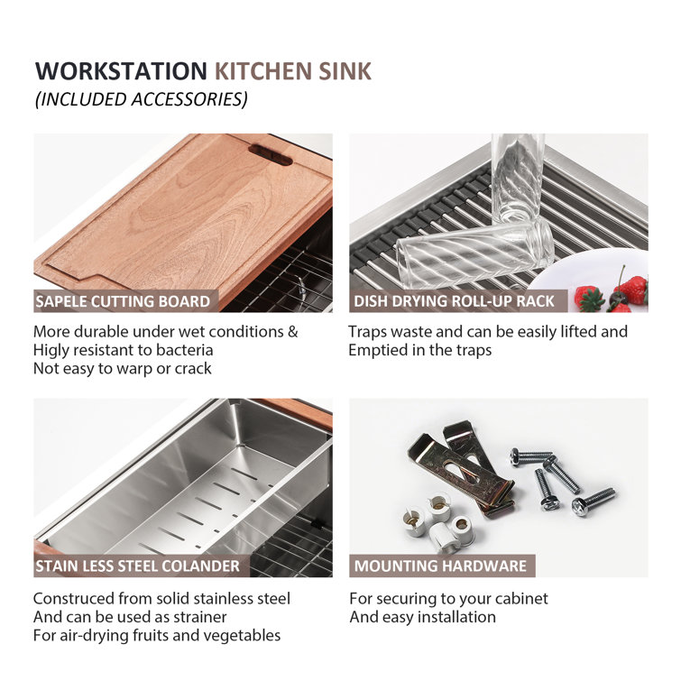 30" Stainless Steel Brushed Single Bowl Workstation Sink