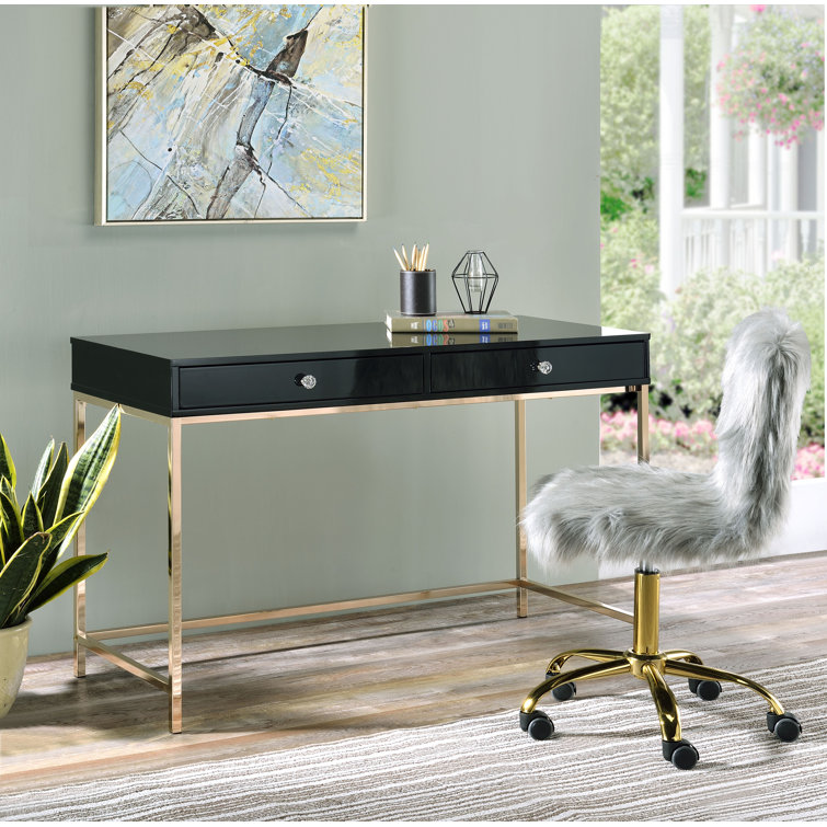 Luxor High Gloss Black & Gold 62" Writing Desk with Drawers