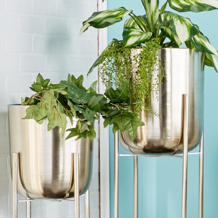 Elegant Silver Metal Dome Planters with X-Base Stand, Set of 2