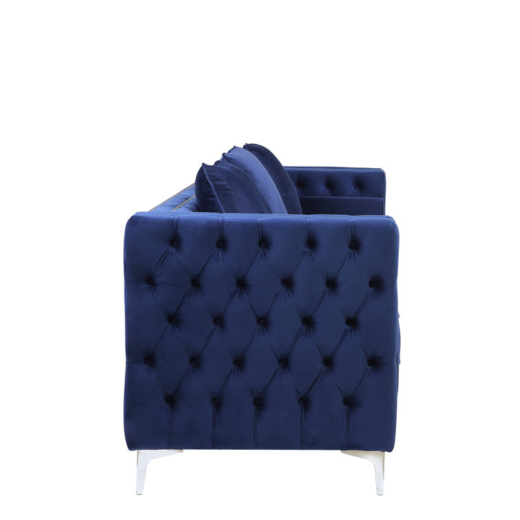 88'' Luxe Blue Velvet Tufted Sofa with Nailhead Trim & Ottoman
