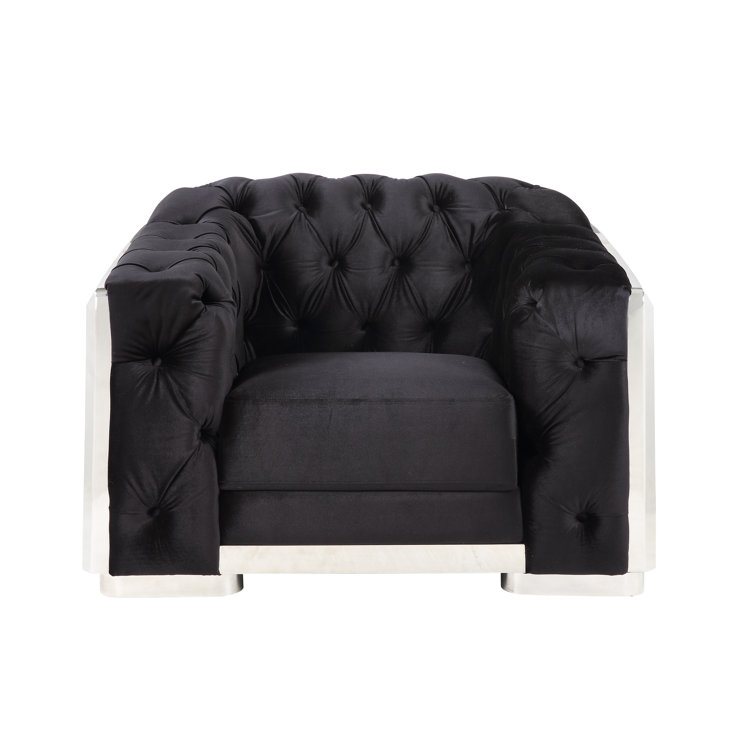 Black Velvet and Chrome Tufted Accent Chair