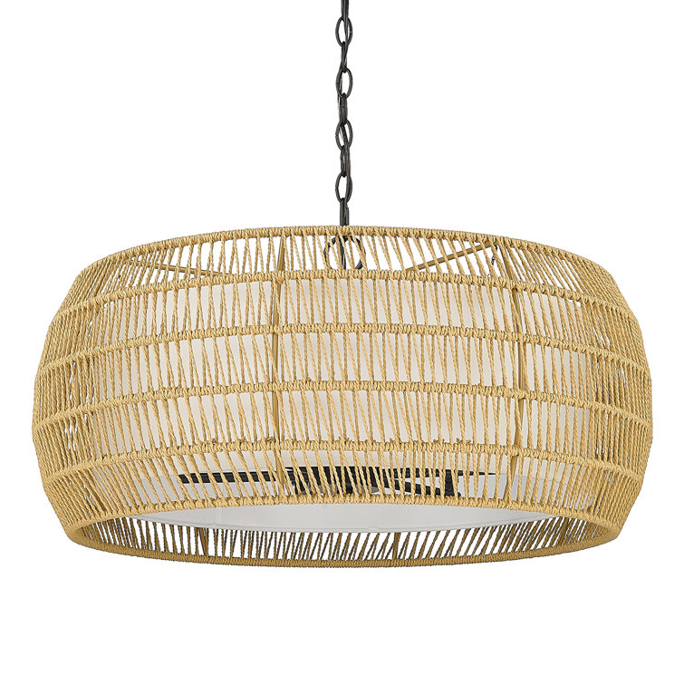 Natural Rattan and Black Steel 6-Light Drum Chandelier