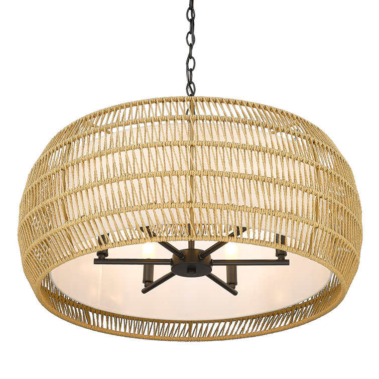 Matte Black and Natural Rattan Drum Semi-Flush Mount Light