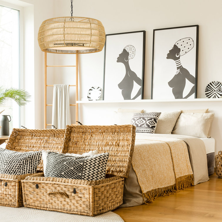 Natural Rattan and Black Steel 6-Light Drum Chandelier