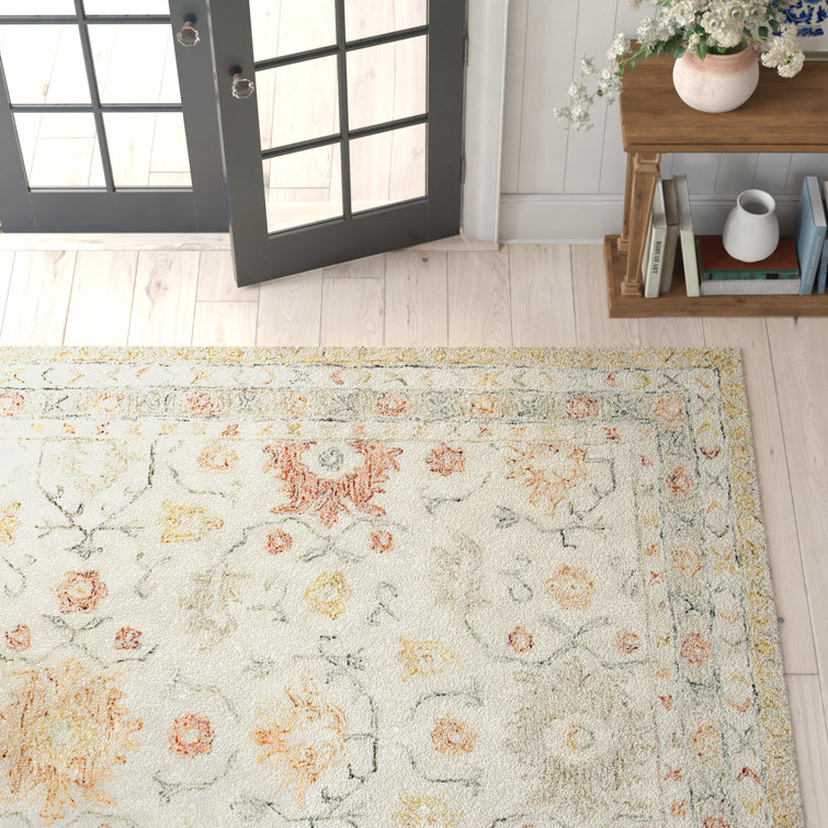 Handmade Ivory Wool Rectangular Floral Area Rug