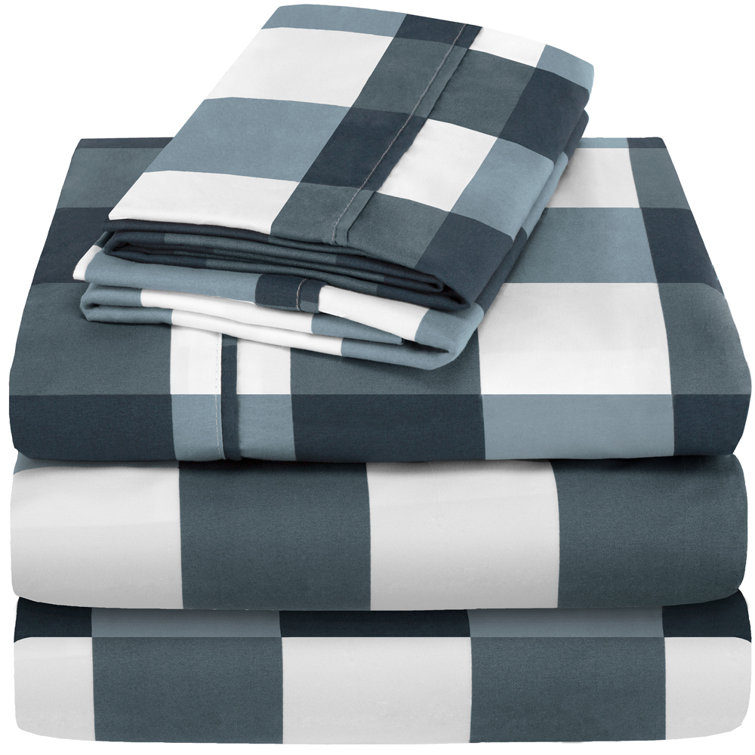 King Gingham Blue Cotton Polyester Microfiber Sheet Set