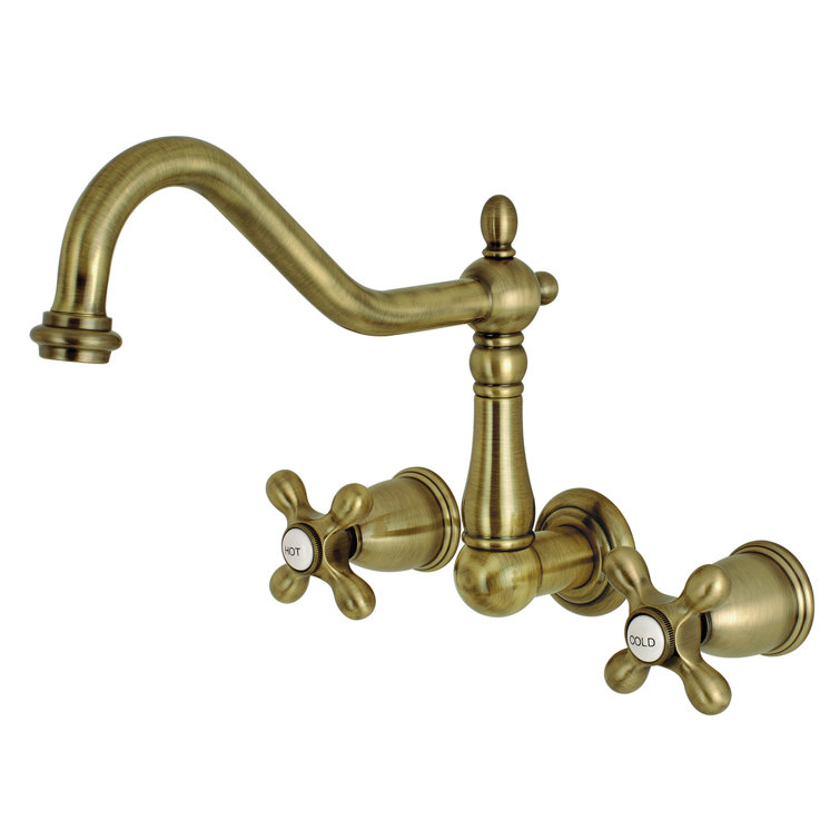 Heritage Dual Cross Handle Antique Brass Wall Mount Tub Faucet