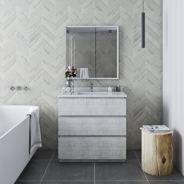 Rustic White Acacia Wood Freestanding Single Sink Bathroom Vanity