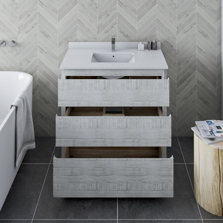 Rustic White Acacia Wood Freestanding Single Sink Bathroom Vanity