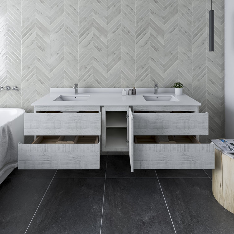 Rustic White 72'' Double Wall-Mount Vanity with Quartz Top