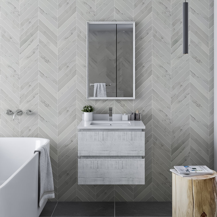 Rustic White Acacia Wood Wall-Mount Single Sink Vanity Base
