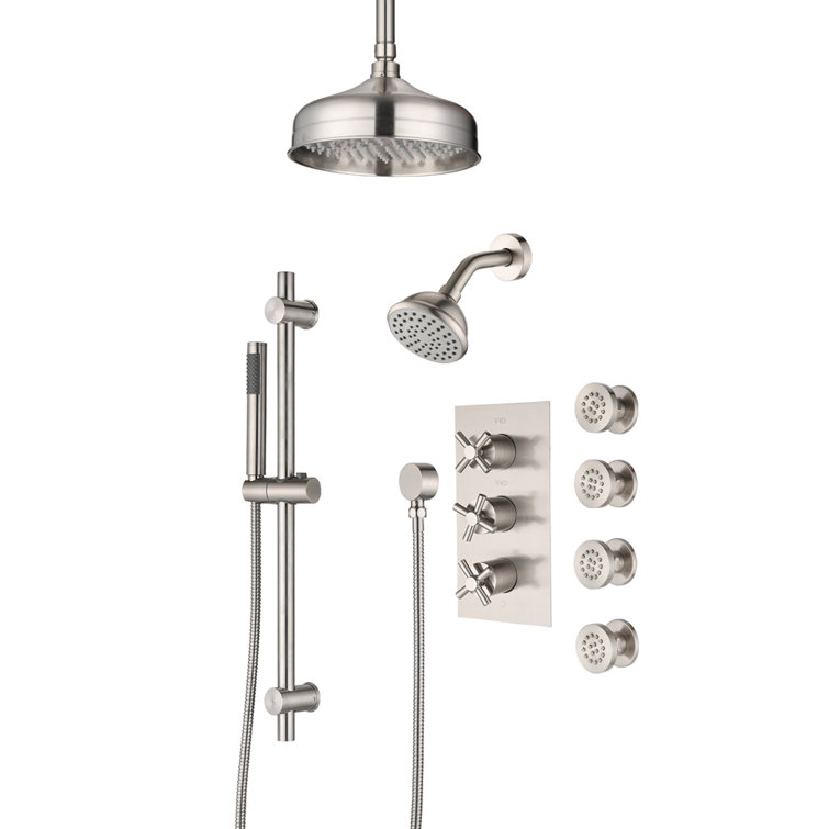 Brushed Nickel Dual Shower Head System with Body Jets