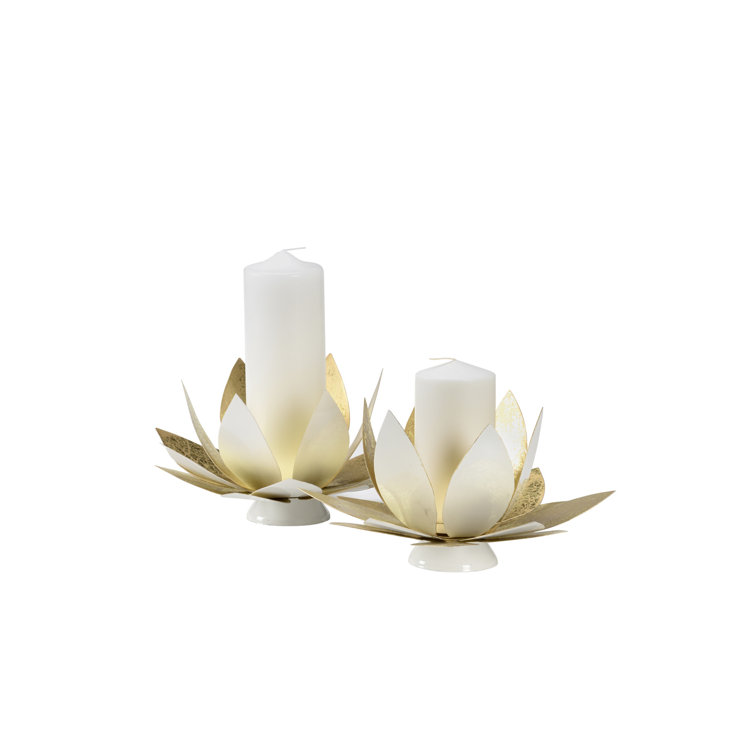 White and Gold Lotus Steel Candle Holders, Set of 2