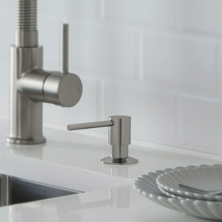 Brushed Nickel Deck Mounted Soap Dispenser with Clear Bottle