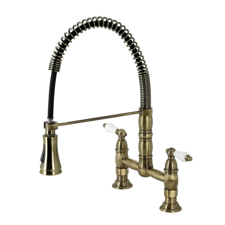 Antique Brass Double-Handle Pull-Down Sprayer Kitchen Faucet