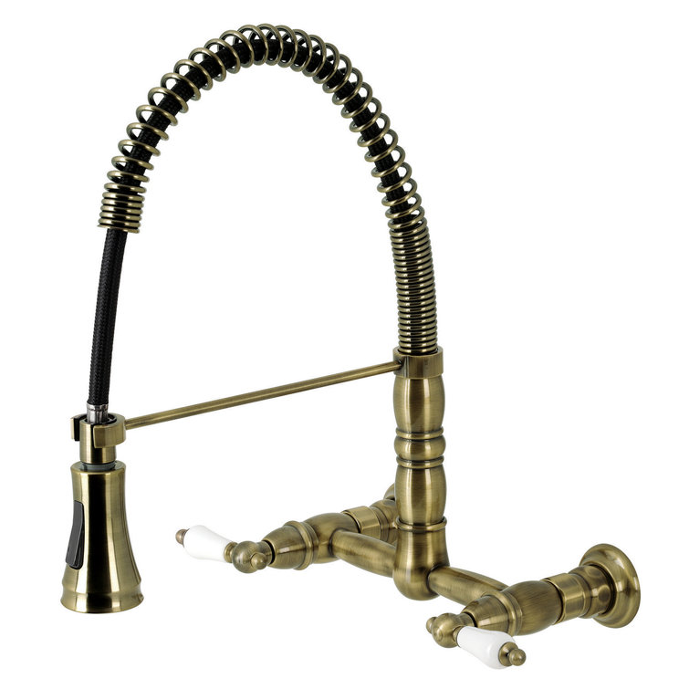 Heritage Brass Double-Handle Wall-Mount Kitchen Faucet with Pull-Down Sprayer