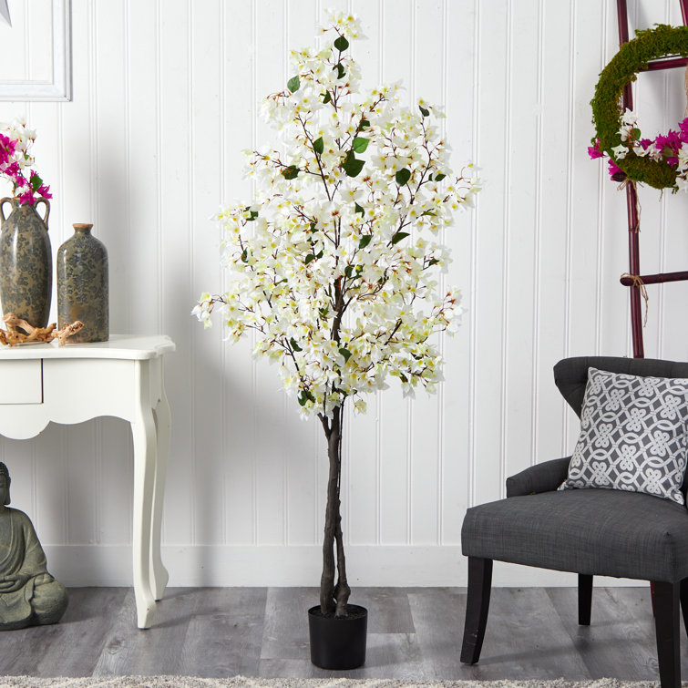 6ft White Bougainvillea Faux Flowering Tree in Iron Planter