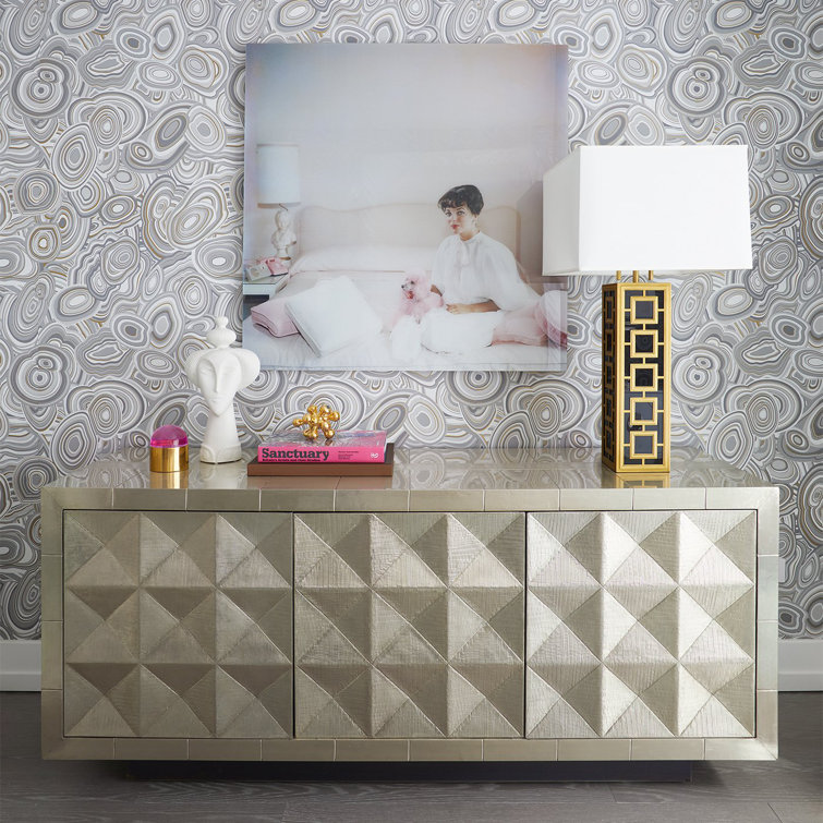 Handcrafted Nickel-Plated Metal 70" Credenza with Navy Interior