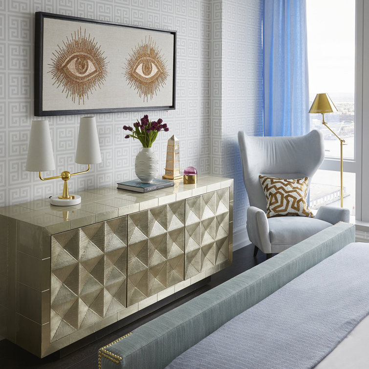 Handcrafted Nickel-Plated Metal 70" Credenza with Navy Interior