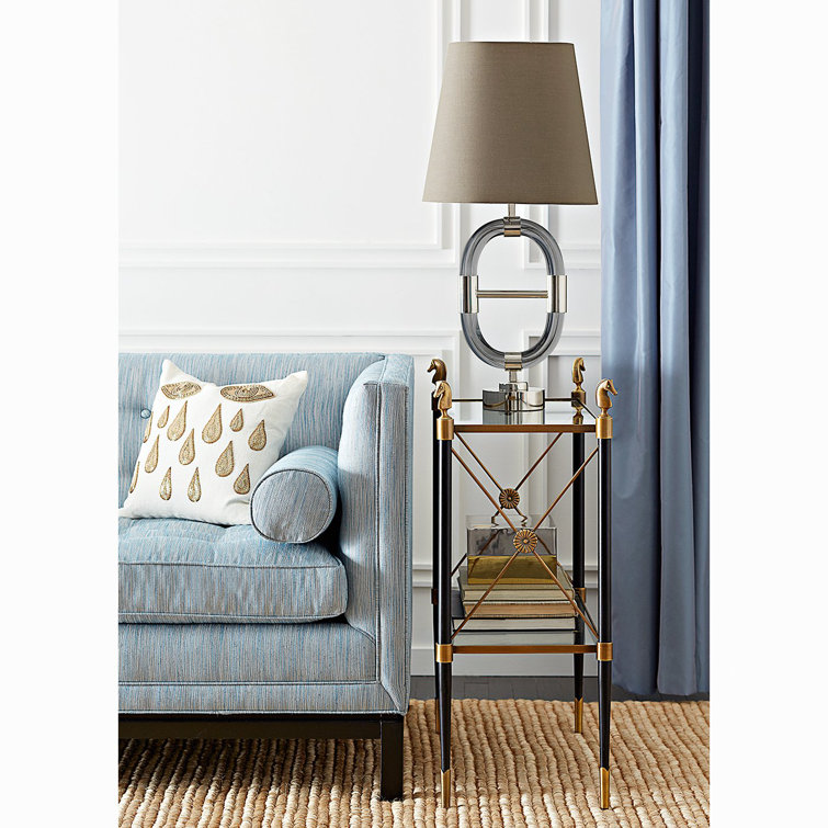 Black and Antique Brass Two-Tier Side Table with Glass Shelves