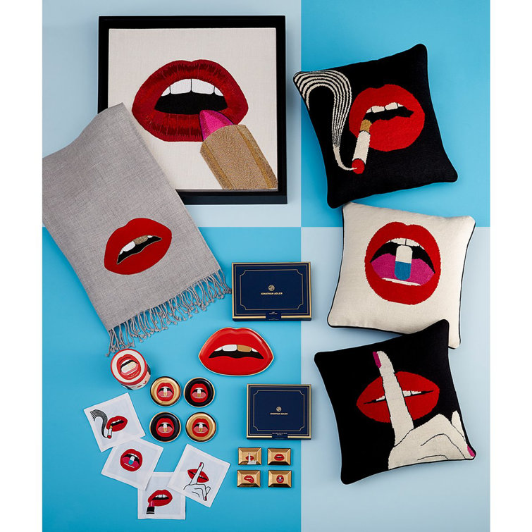 Bold Red Lips Embroidered Wool Square Throw Pillow